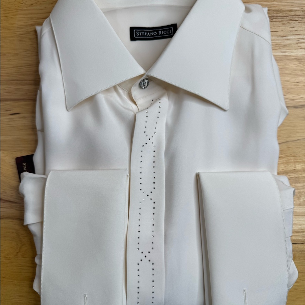 Stefano Ricci Men's White Silk Shirt with Swarovski Crystals & French Cuffs